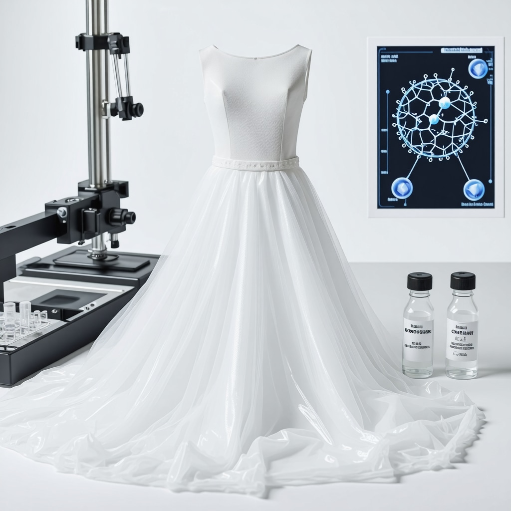 High-tech textile lab with sensor equipment and organic solvents analyzing delicate bridal fabric