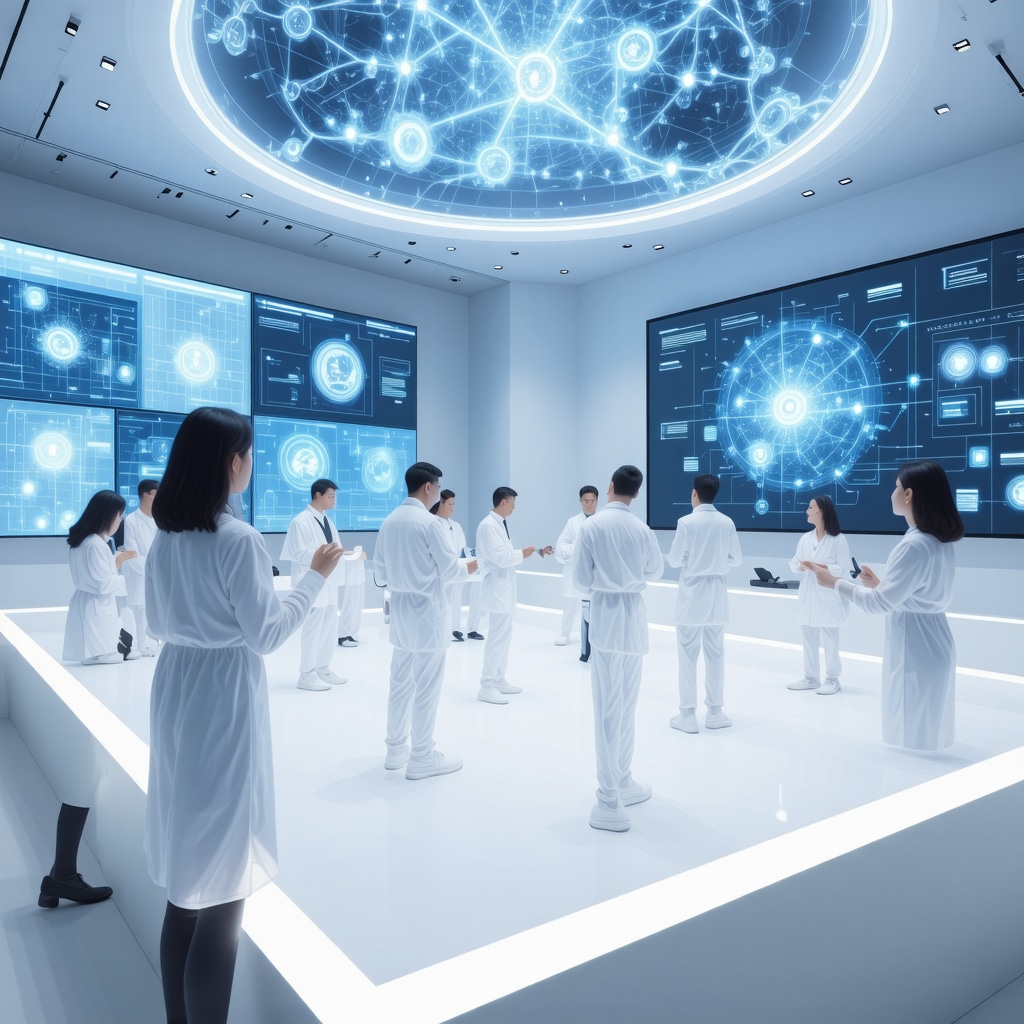 Scientists and hospitality professionals working together in an innovation hub with digital screens displaying AI solvent simulations and blockchain data for green dry cleaning