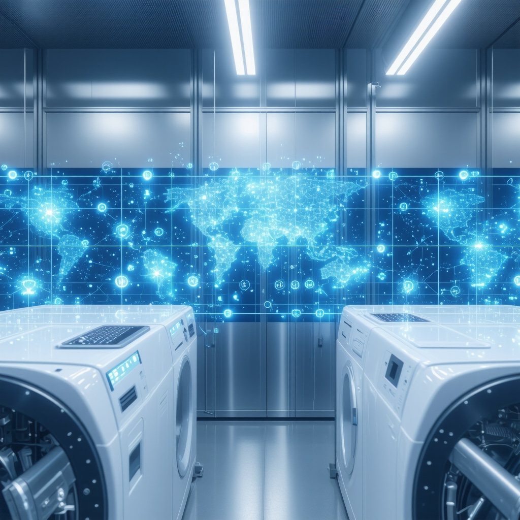 Advanced dry cleaning facility with sensors and catalytic process illustration