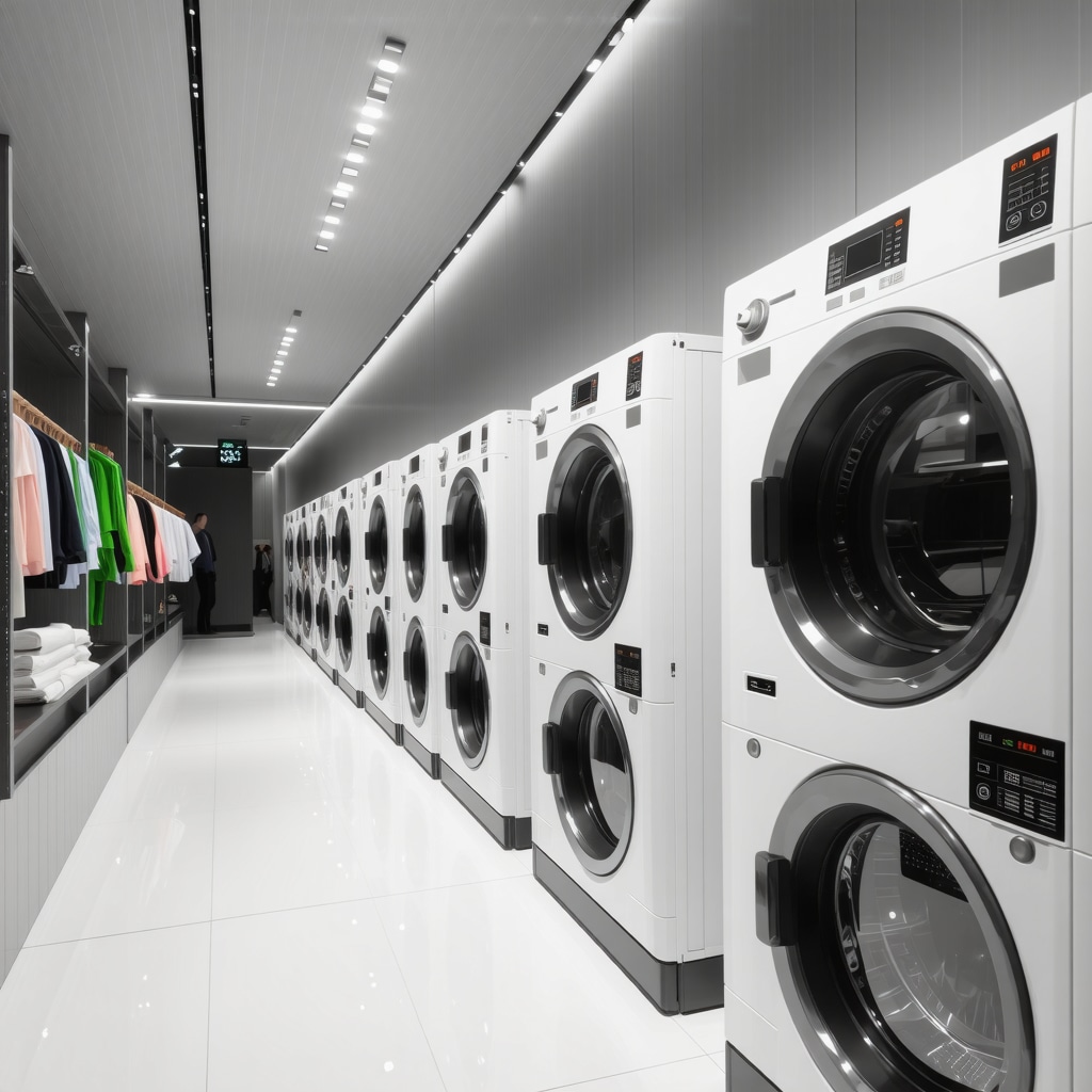 Interior of an eco dry cleaning facility showcasing supercritical CO2 machines and enzymatic cleaners for sustainable fabric care
