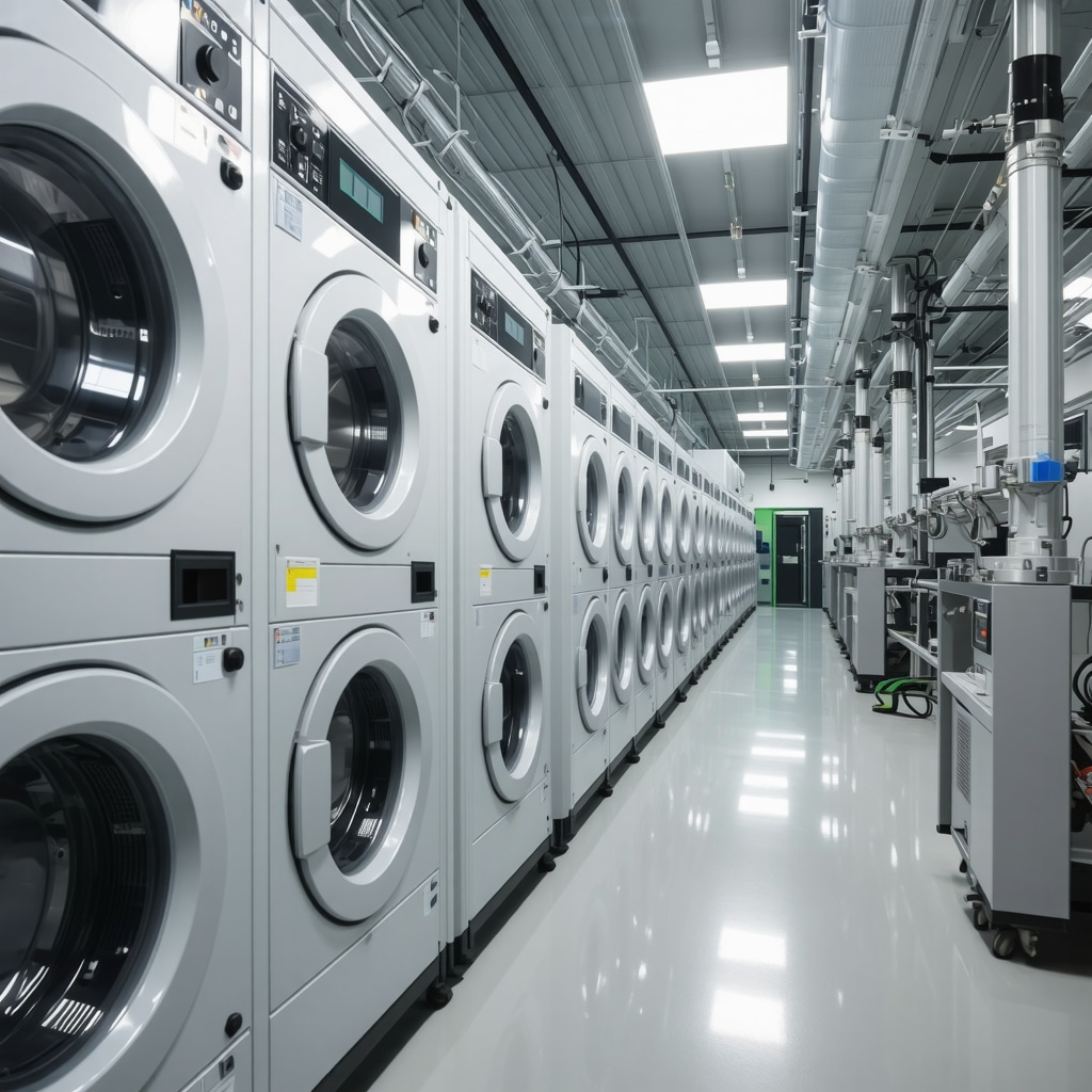 Eco dry cleaning facility equipped with IoT sensors and closed-loop solvent recycling system for sustainable garment care