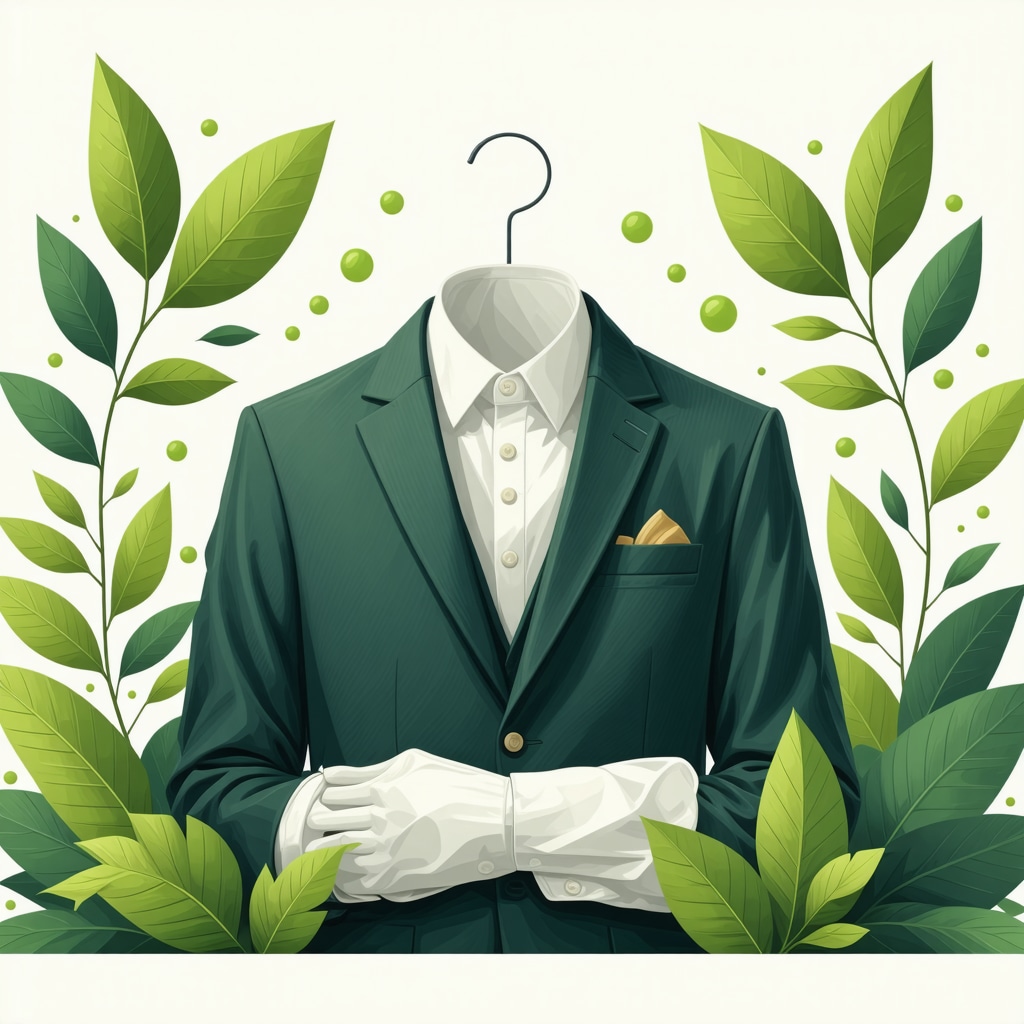 Illustration showing eco dry cleaning using plant-based solvents and home pickup service for sustainable fabric care