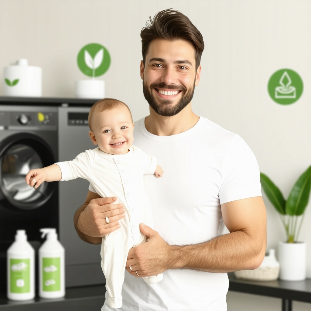 Parent holding freshly cleaned baby clothes in a sustainable eco-friendly dry cleaning shop with green cleaning icons
