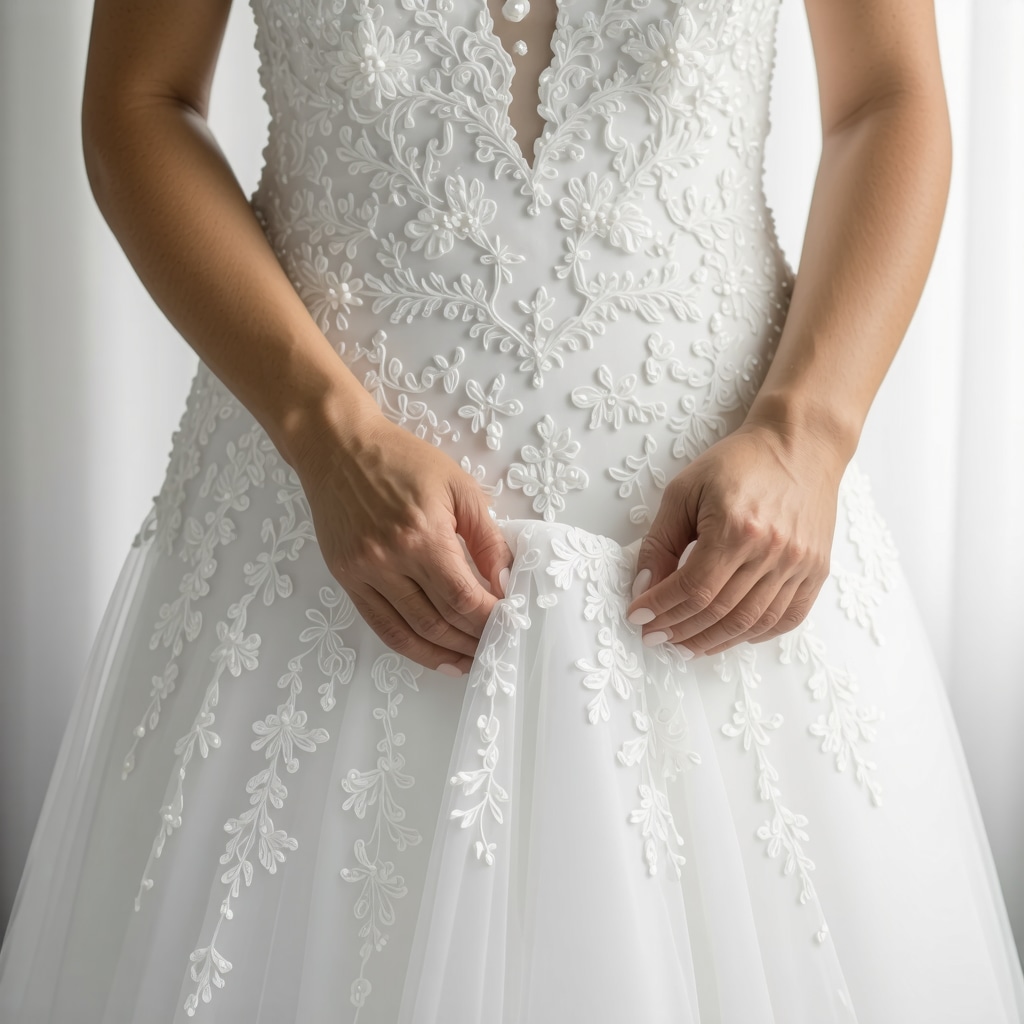 Close-up of wedding gown fabric with lace and beads being cleaned using plant-based solvents