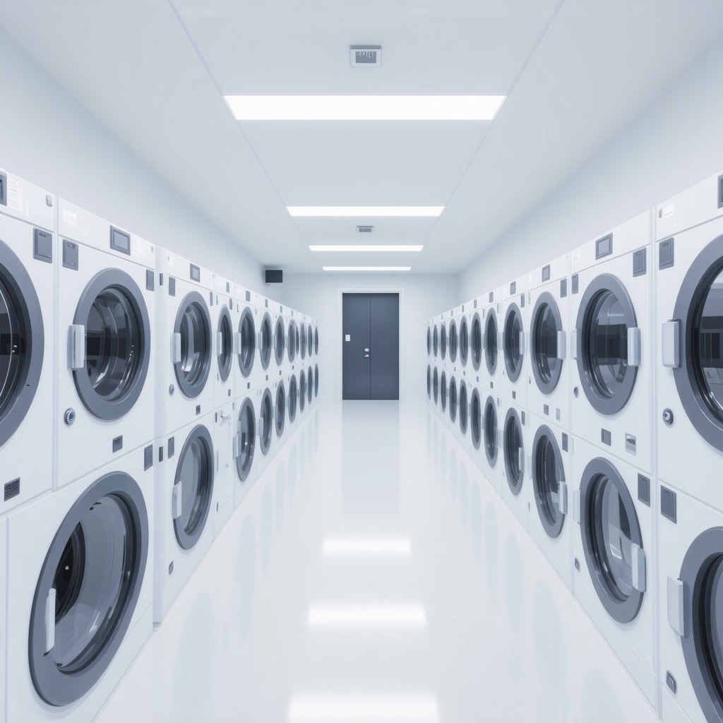 Interior of a green dry cleaning plant with enzyme cleaning equipment and smart sensors