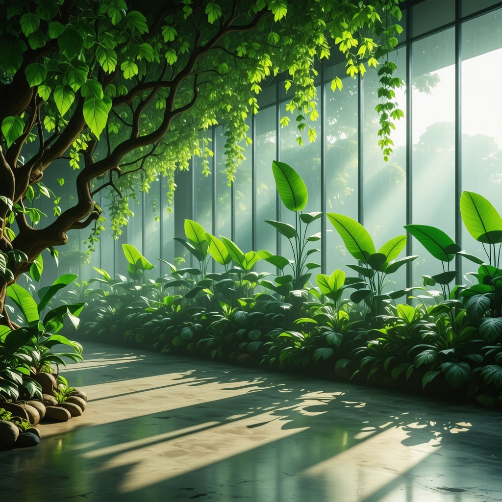 Interior of an eco-friendly dry cleaning facility featuring enzymatic treatment equipment and solvent recycling systems with visible greenery outside.