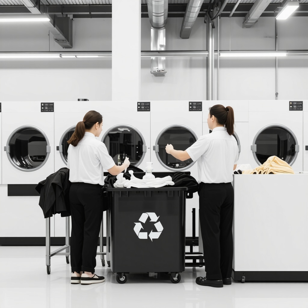 Interior of a sustainable dry cleaning facility featuring advanced energy-saving equipment and textile recycling initiatives