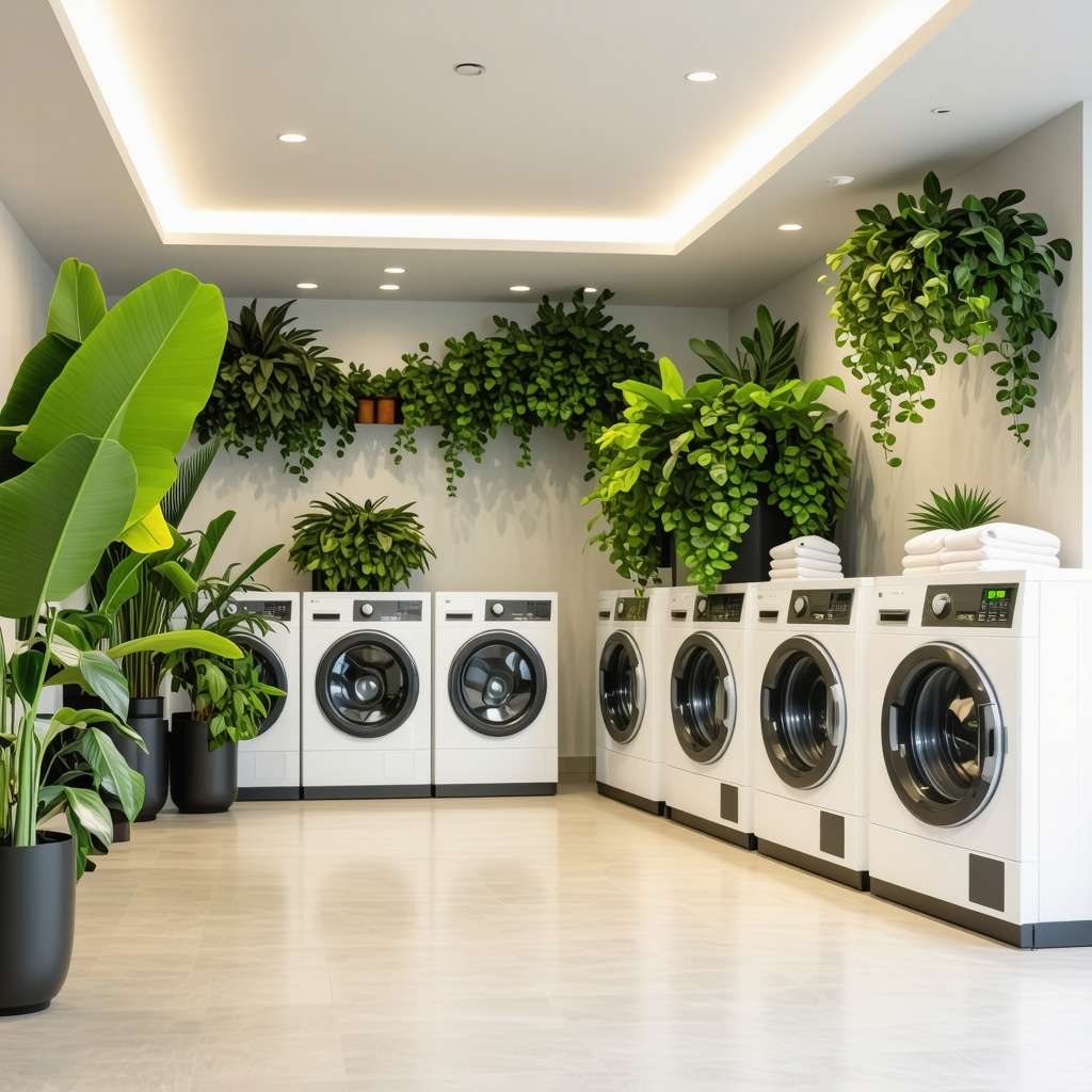 Interior of an eco-friendly dry cleaning shop near Wiregrass featuring sustainable plant-based cleaning solutions and happy customers