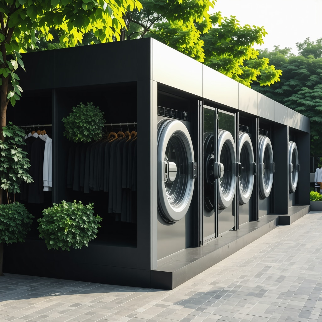 Modern eco dry cleaning facility using biodegradable solvents and AI logistics in Odessa cityscape