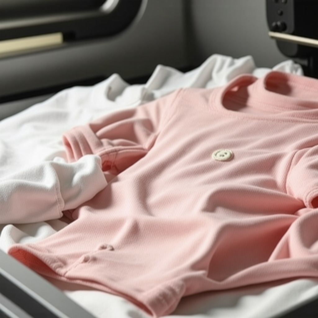 Delicate baby clothes being cleaned with eco-friendly solvents in advanced dry cleaning equipment
