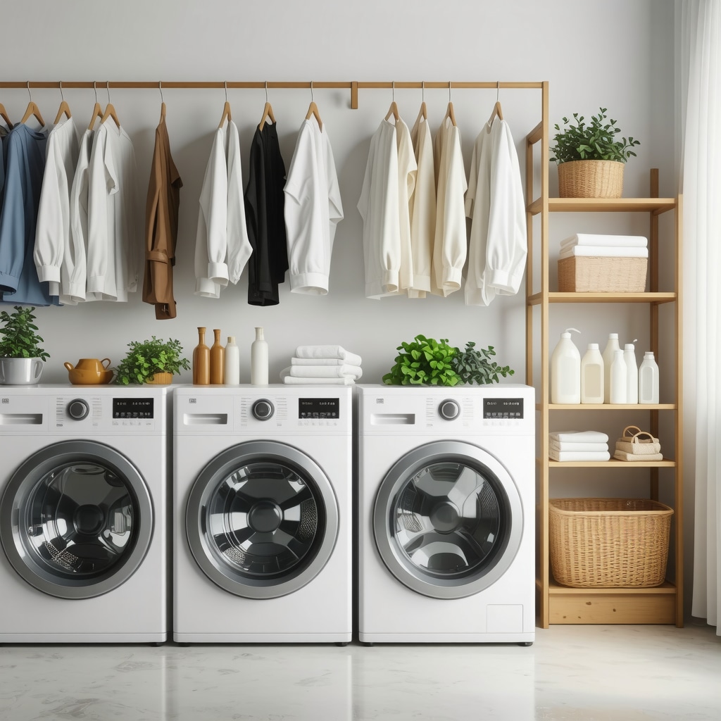 Eco-friendly dry cleaning room with organic cotton garment bags and plant-based solvents