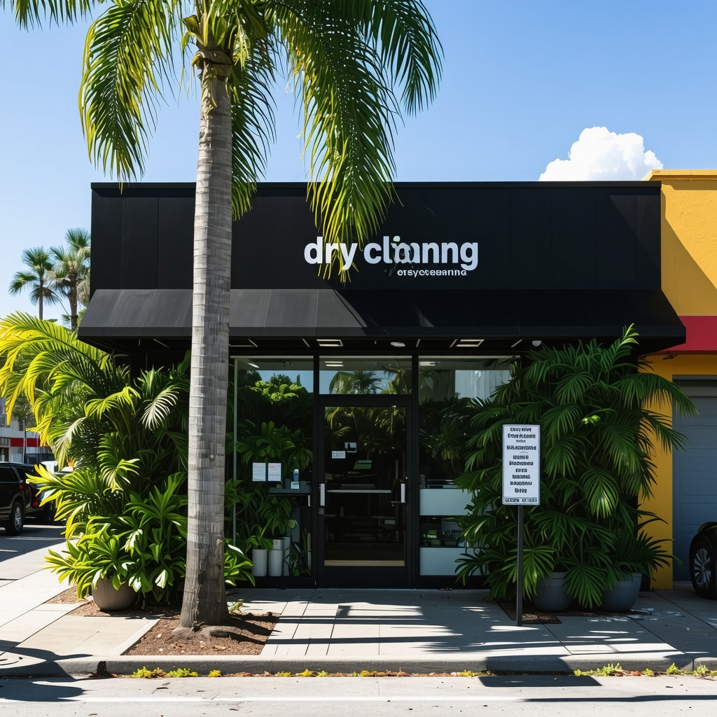 Modern eco-friendly dry cleaning storefront with green plants and signage in Tampa