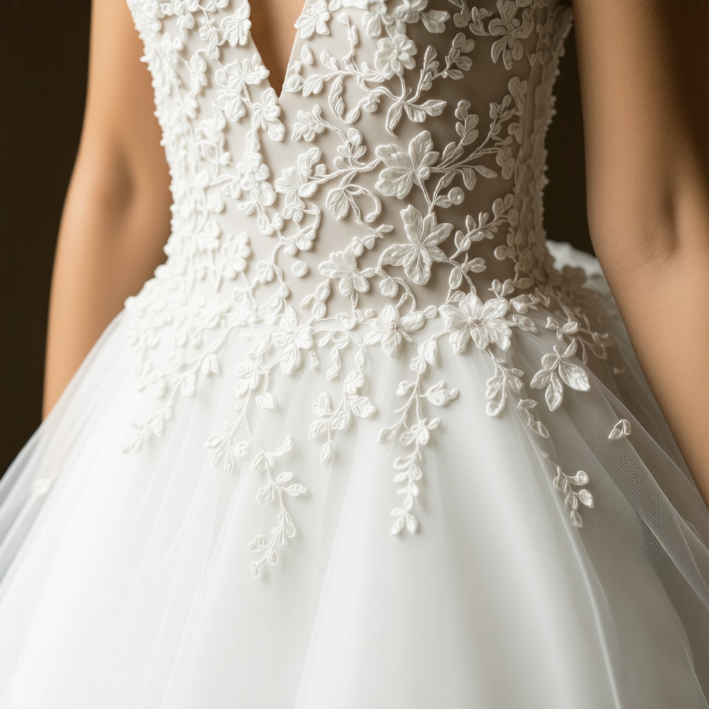 Detailed view of eco-friendly enzymatic and nanotechnology cleaning applied on delicate wedding dress fabric