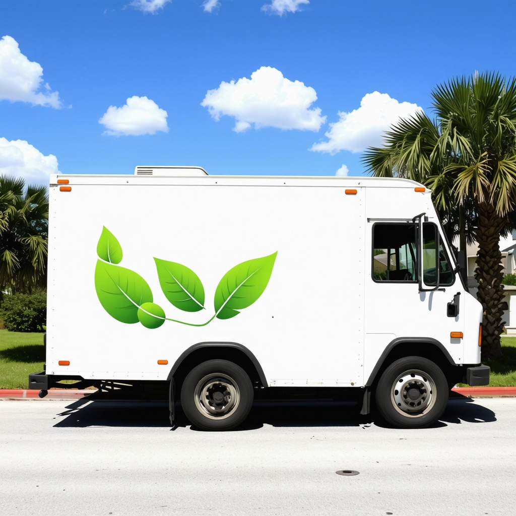 Eco-friendly laundry delivery van driving in Tampa's Wiregrass neighborhood with sustainability icons