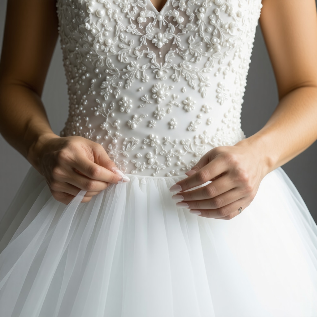 Close-up image showing eco-friendly nanotech and enzyme cleaning on delicate wedding dress beadwork and lace