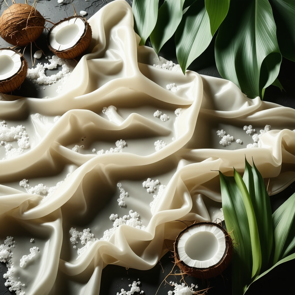Delicate silk fabric being cleaned with eco-friendly plant-based solvents and enzymatic agents surrounded by natural botanicals