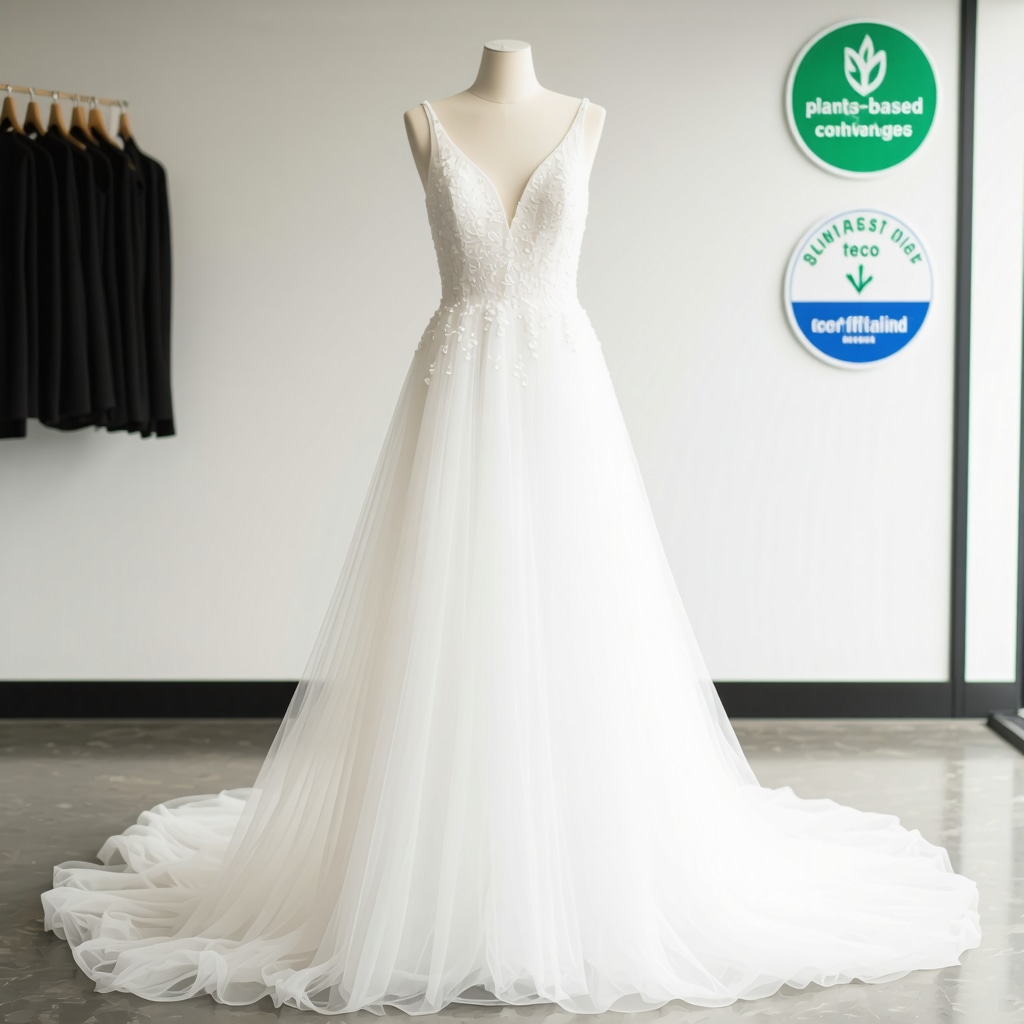 Wedding dress in an eco-friendly dry cleaning facility with advanced machinery and sustainability certifications visible