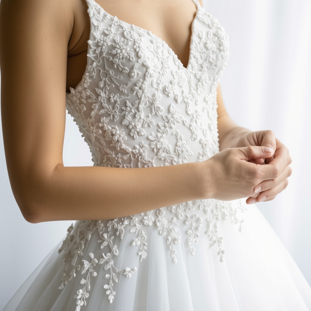Technician cleaning delicate wedding gown with plant-based solvents at Crystal Beach eco dry cleaner