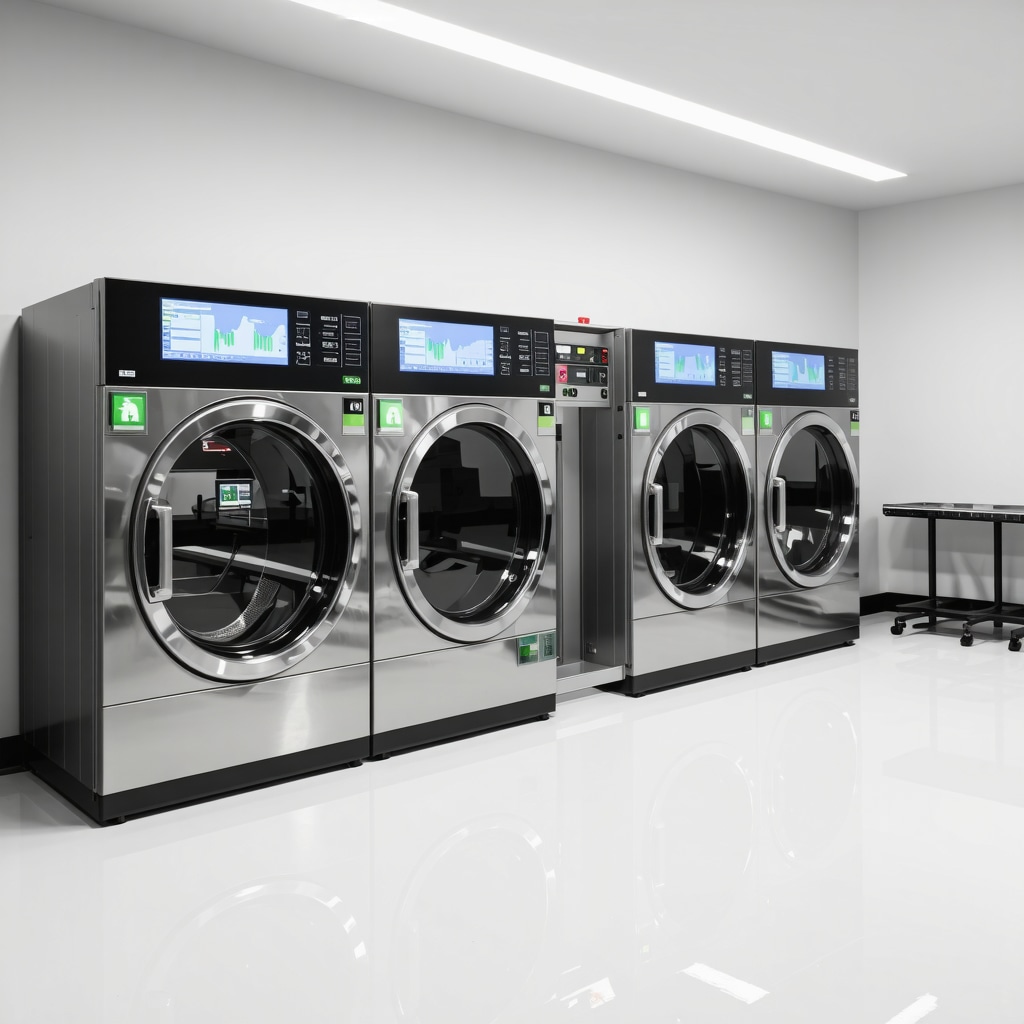 Interior of a green certified dry cleaner with liquid CO2 machines and digital sustainability dashboards