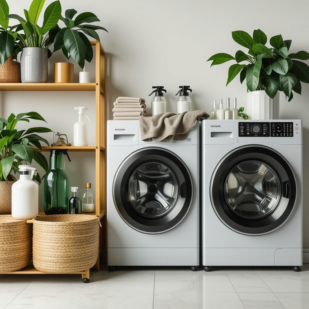 A bright Florida laundry room equipped with glass jar detergents, bamboo drying racks holding delicate fabrics, and a smart washing machine with eco settings displayed.