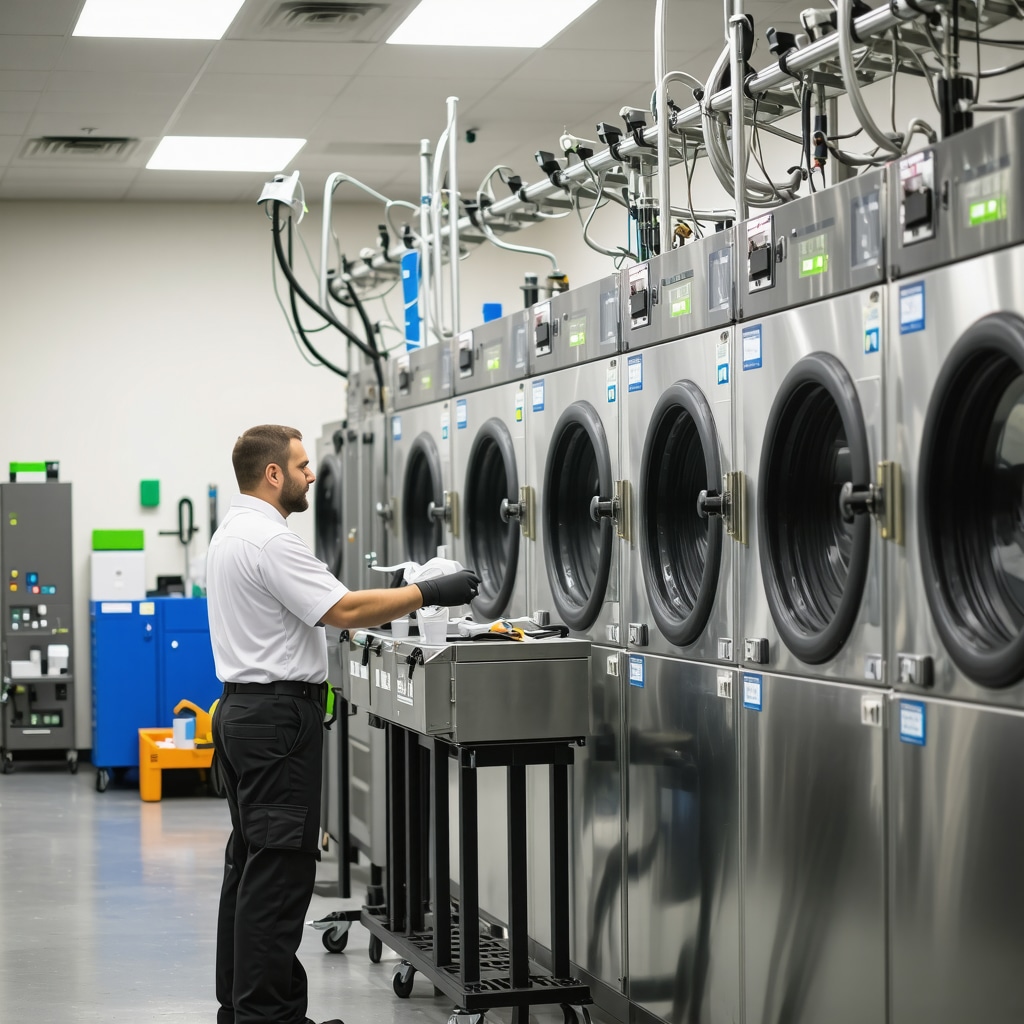 Technician operating advanced PERC-free dry cleaning equipment in a Tampa Bay facility highlighting sustainability and worker safety