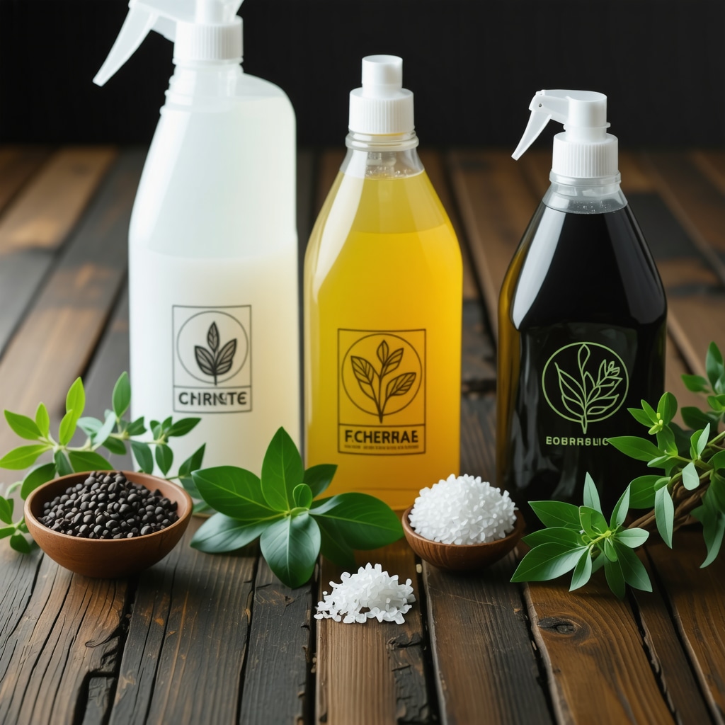 Various green dry cleaning detergent bottles with certification seals and natural plant elements
