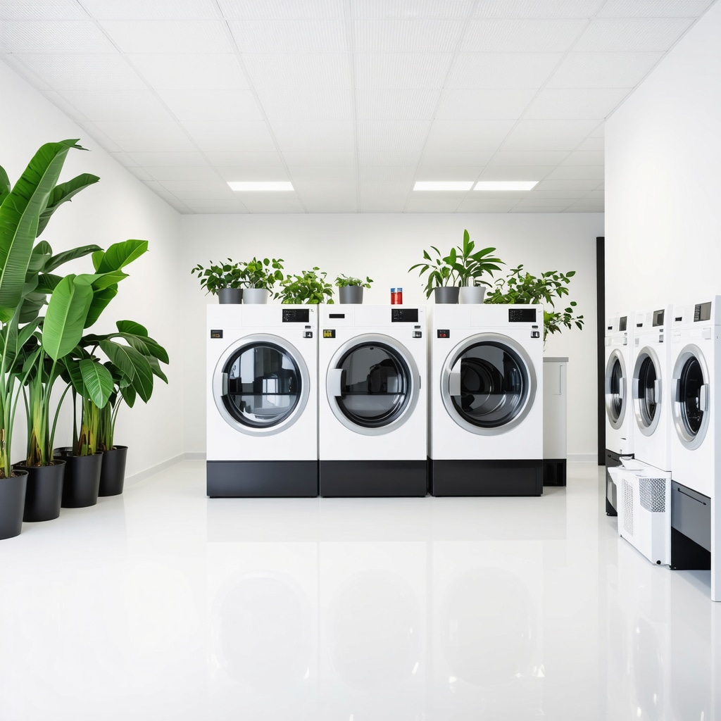Interior of an eco-friendly dry cleaning facility with plant-based solvents and sustainable equipment