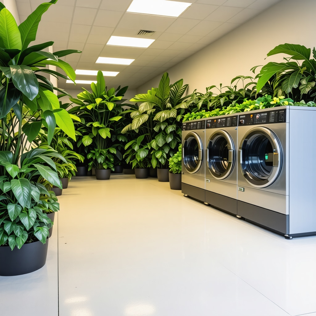 Modern sustainable dry cleaning facility with liquid CO2 machines and water recycling technology