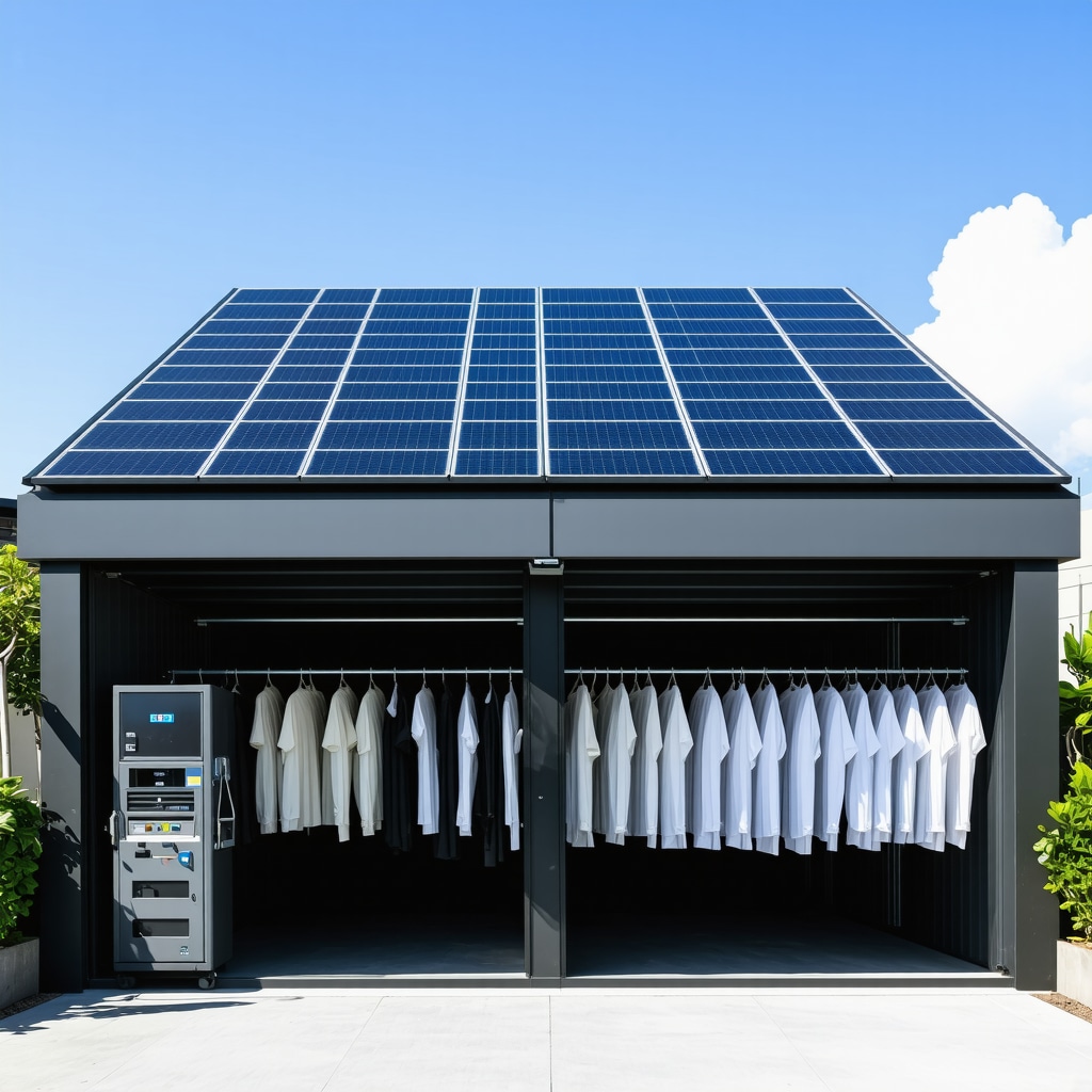 Interior of an eco-friendly dry cleaning facility with IoT machines and biodegradable garment bags