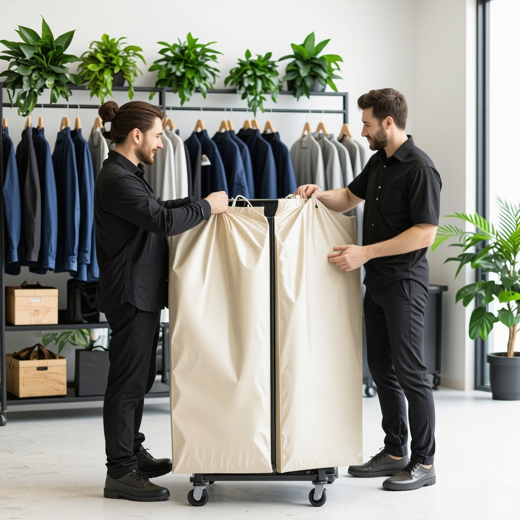 Dry cleaning staff in Odessa handling reusable garment bags and using eco-friendly plant-based solvents in a modern facility