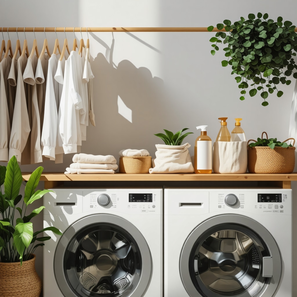 A laundry room scene showcasing natural fiber garments drying and eco-friendly cleaning supplies