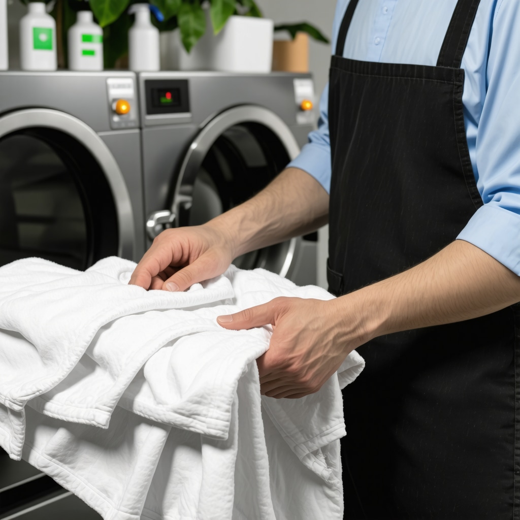Hands handling freshly cleaned uniforms in an eco-friendly laundry setting with plant-based cleaning products