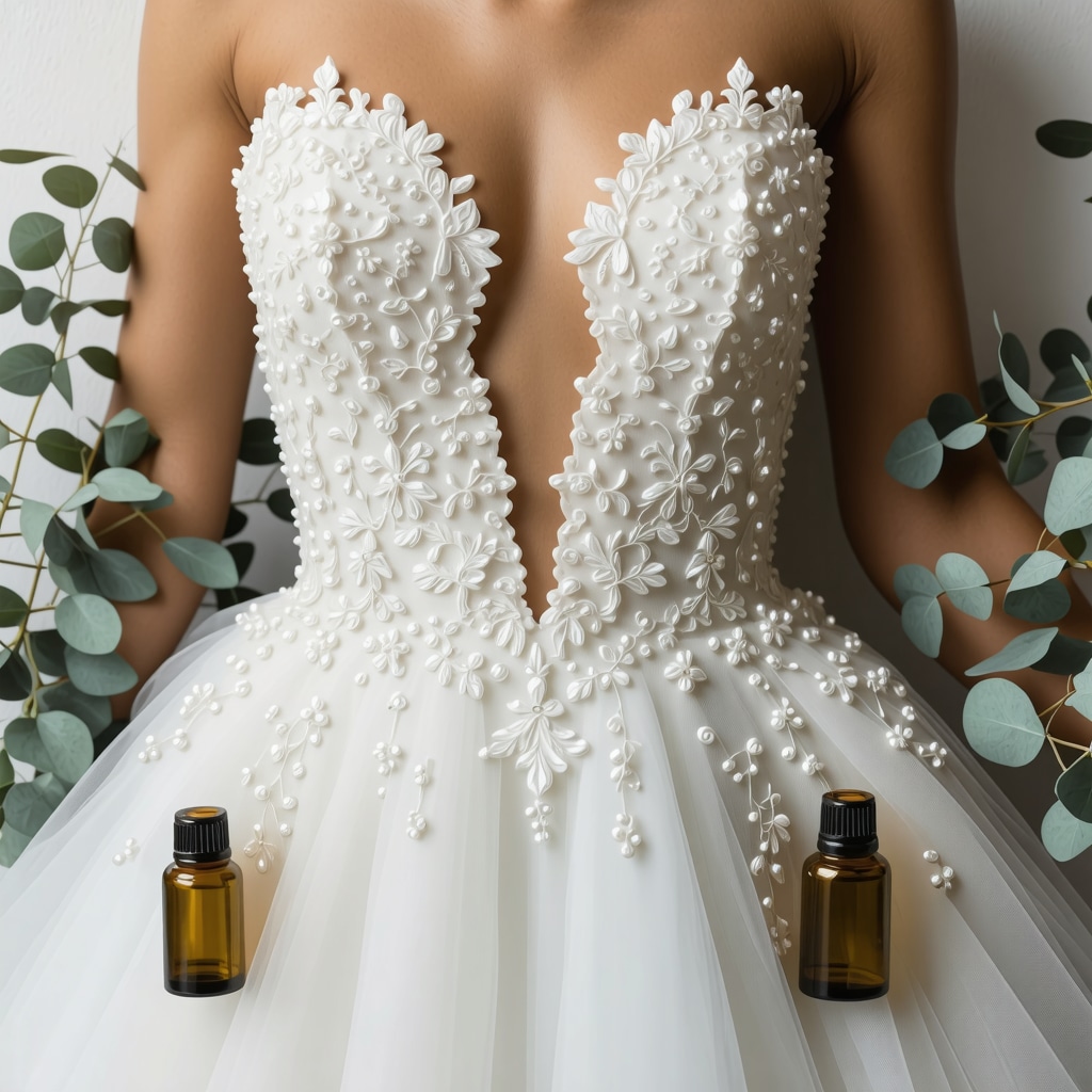 Wedding dress with delicate embellishments and surrounding botanical elements representing sustainable fabric care