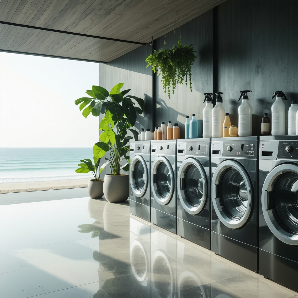AI-powered eco laundry machines and enzyme detergent bottles against Crystal Beach coastal scenery