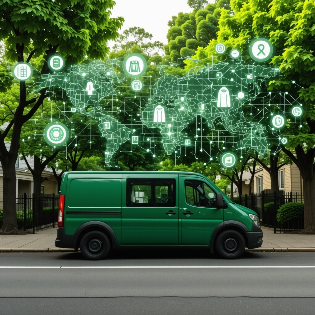 Electric delivery van for eco dry cleaning pickup with digital route and blockchain icons
