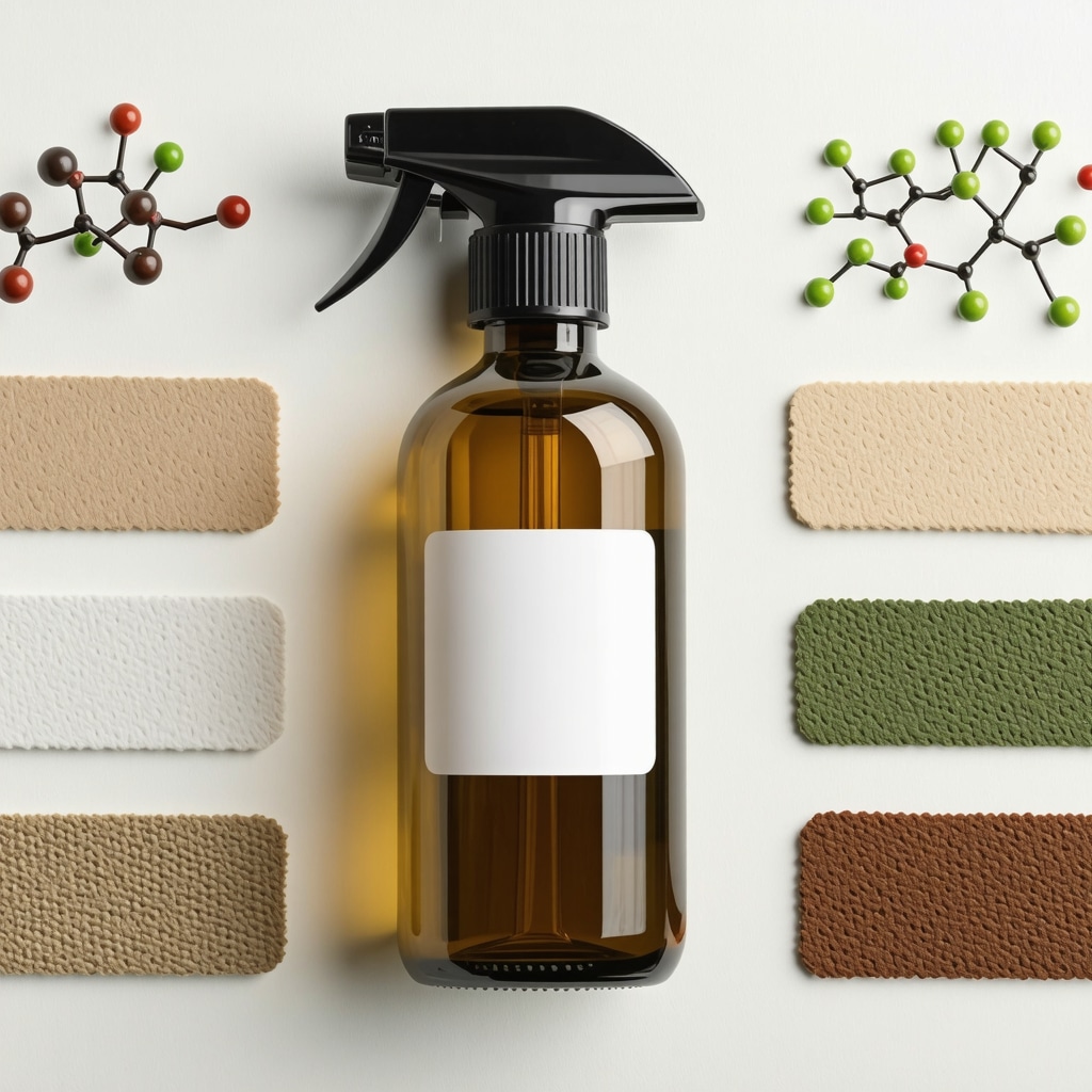 Bottle of enzymatic cleaner with natural ingredient graphics and various fabric samples