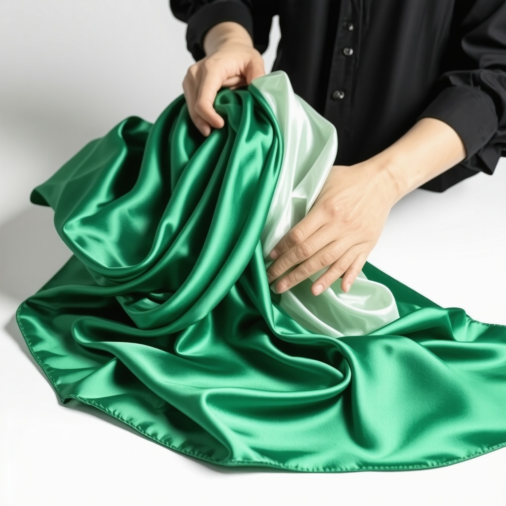 Close-up of a silk scarf undergoing eco-friendly enzymatic cleaning in a luxury dry cleaning facility