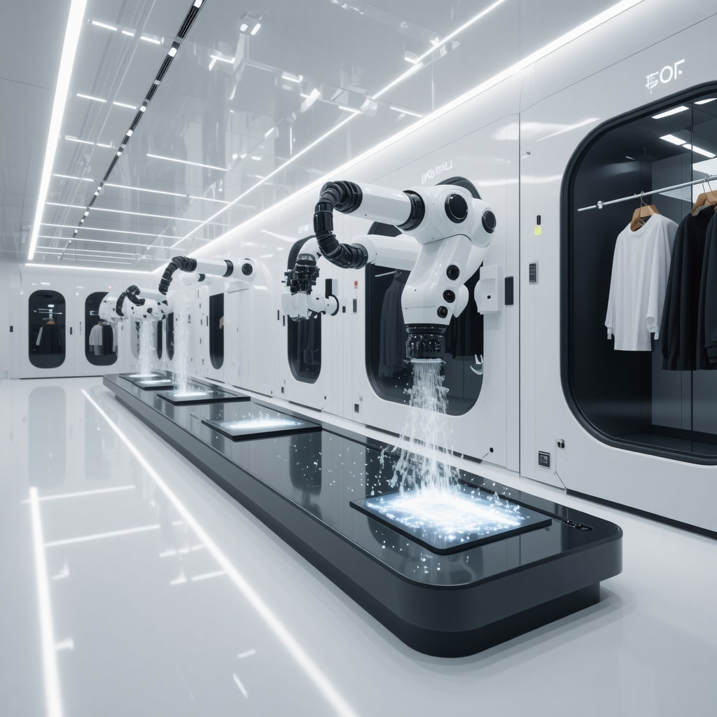 AI robots performing eco-friendly dry cleaning with enzyme technology and biodegradable polymer coatings