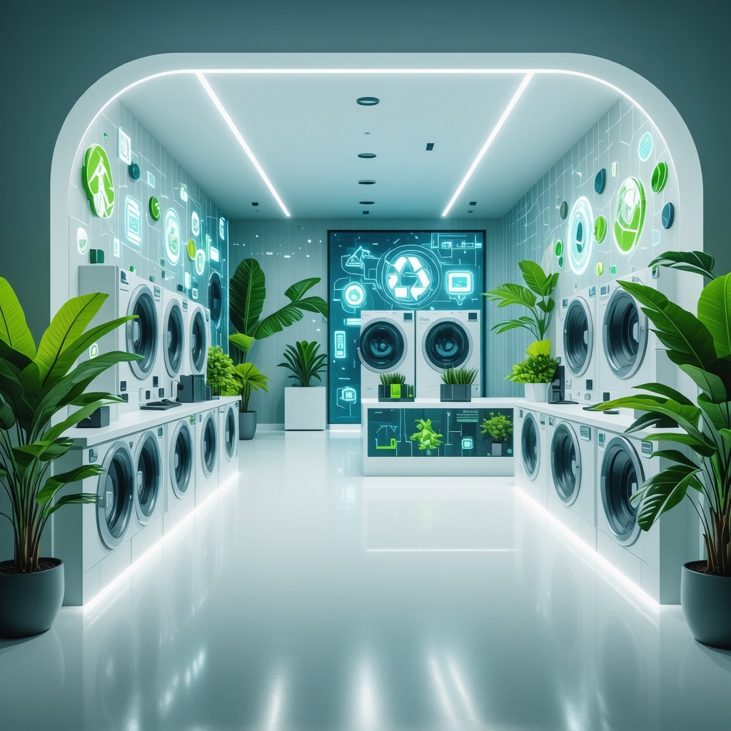 Visualization of a high-tech eco dry cleaning facility with enzyme solvents, blockchain data displays, and circular economy practices