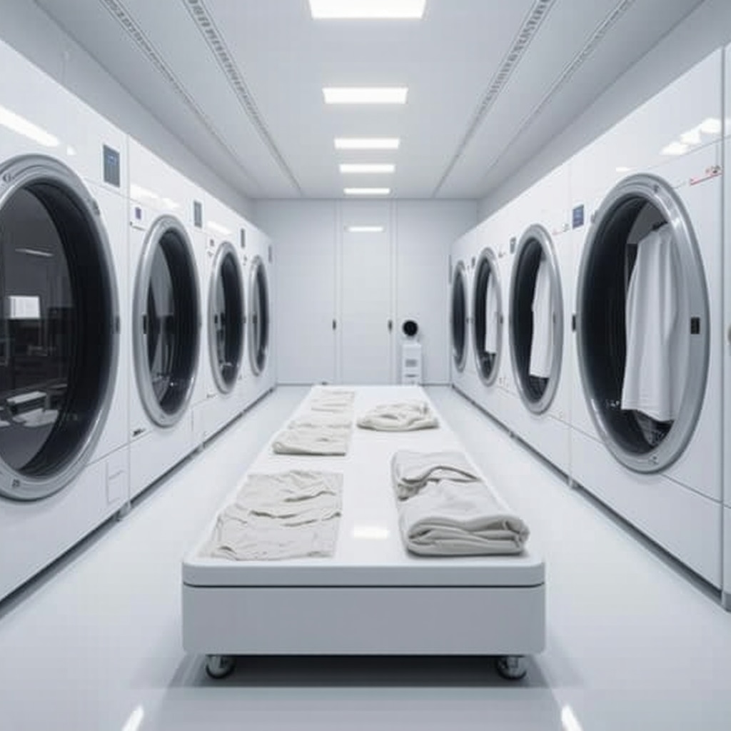 AI-driven eco dry cleaning machines applying enzymatic solutions on delicate fabrics in a green facility