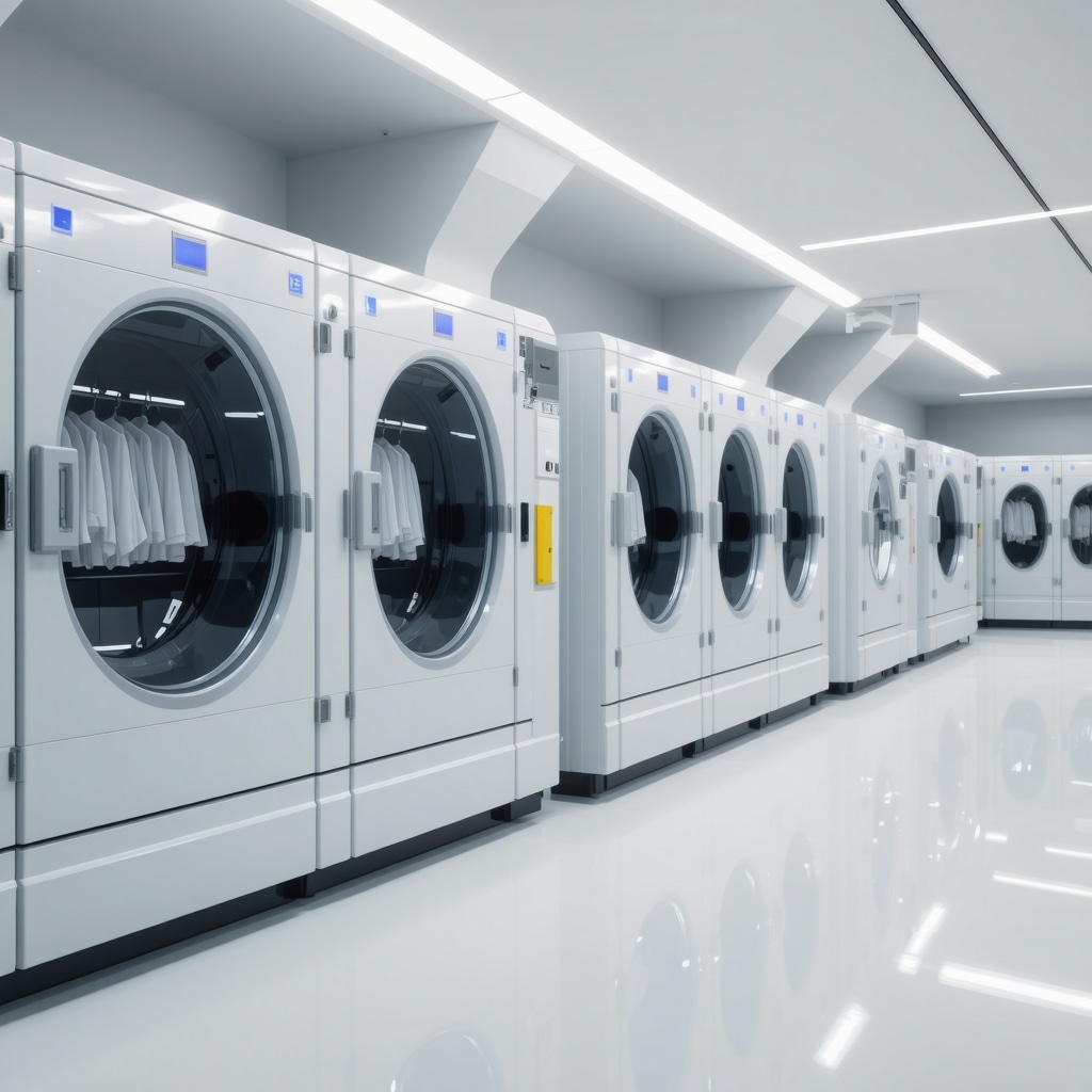 High-tech eco dry cleaning lab showcasing AI and nanotechnology applications for chemical-free stain removal