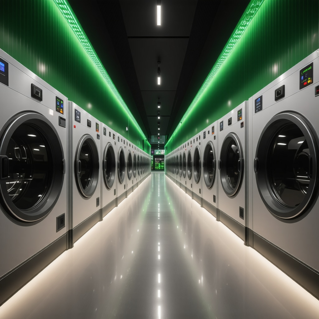 Interior view of an advanced eco-friendly dry cleaning facility showcasing solvent tanks, IoT sensors, AI displays, and blockchain verification screens