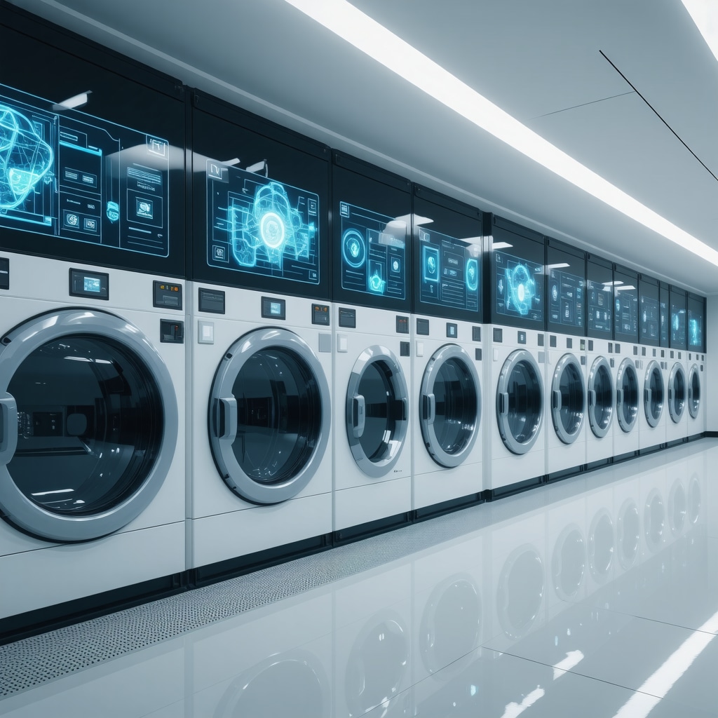Modern eco-friendly dry cleaning plant featuring digital twin simulations and blockchain technology interfaces