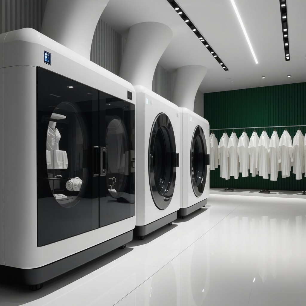 AI-driven eco-friendly dry cleaning machines processing delicate fabrics with enzymatic solutions in a sustainable lab environment