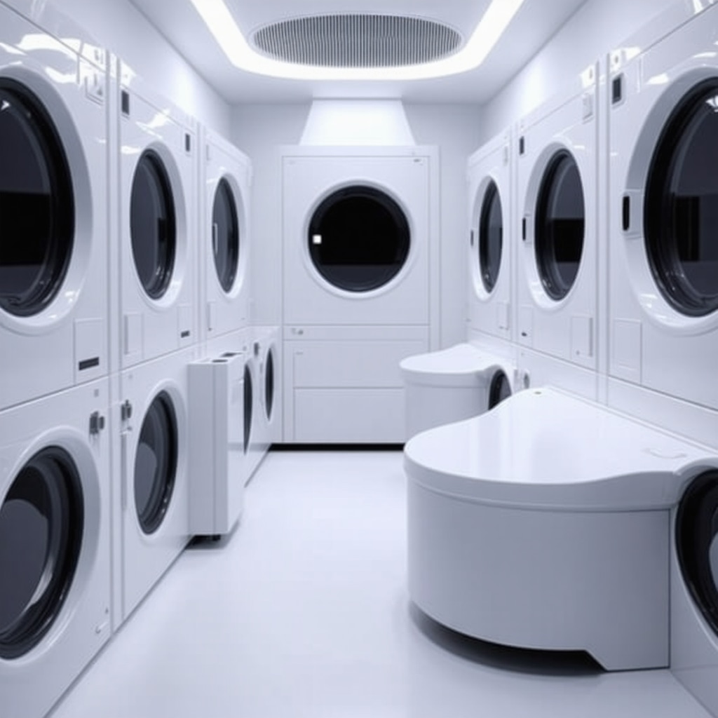 Modern eco-friendly dry cleaning machines with blockchain and AI digital overlays in Tampa