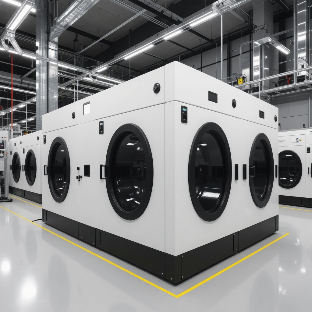 Interior view of a sustainable dry cleaning plant featuring AI-powered solvent recovery and microfiber filtration technologies
