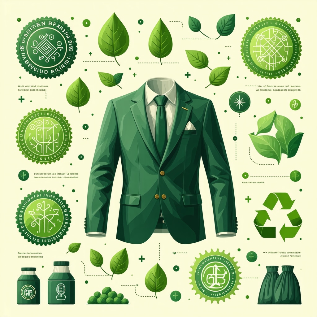 Infographic showing eco-certifications, blockchain traceability, and circular economy concepts in sustainable dry cleaning