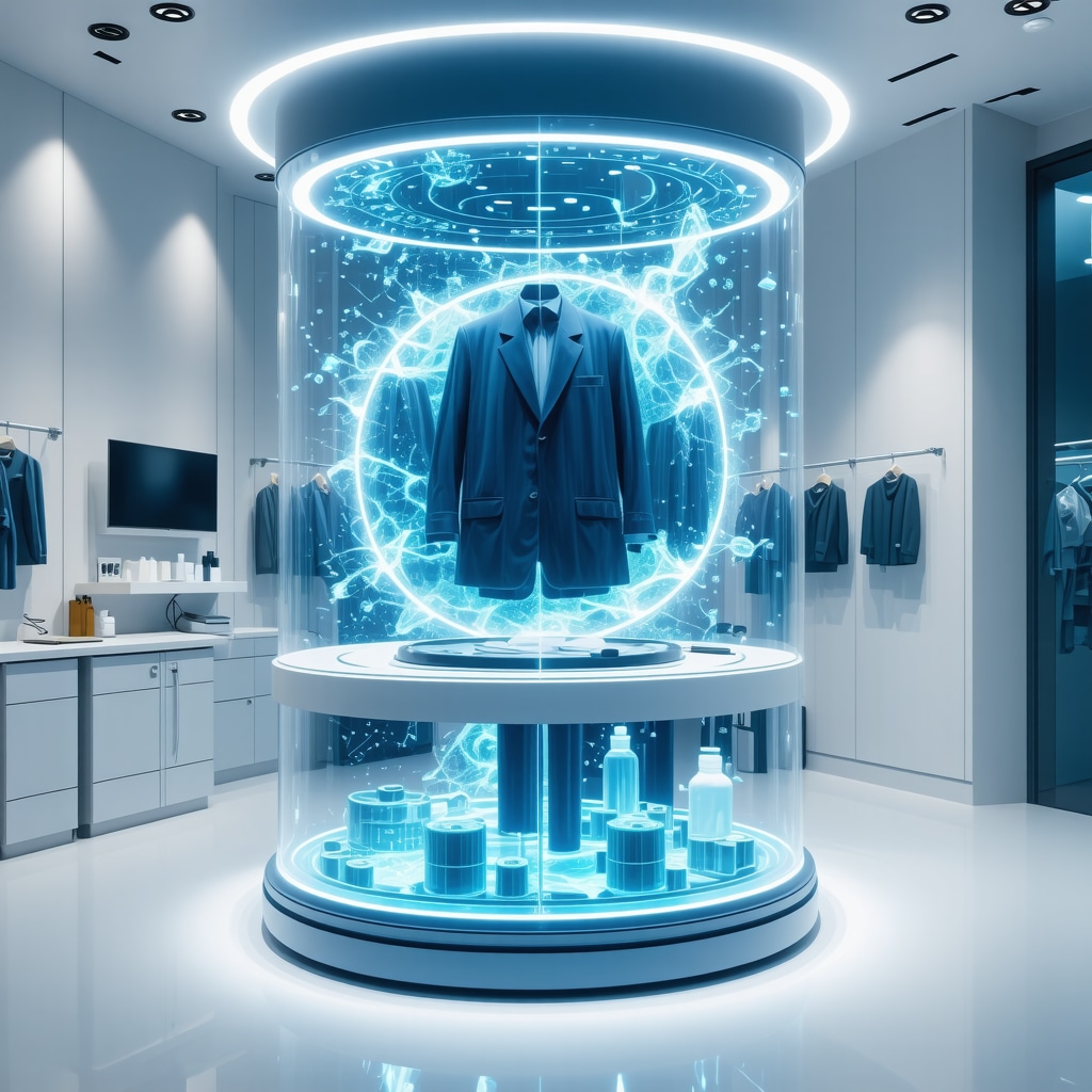 Advanced eco dry cleaning lab showcasing sensors, biodegradable solvents, blockchain, and digital twin simulations