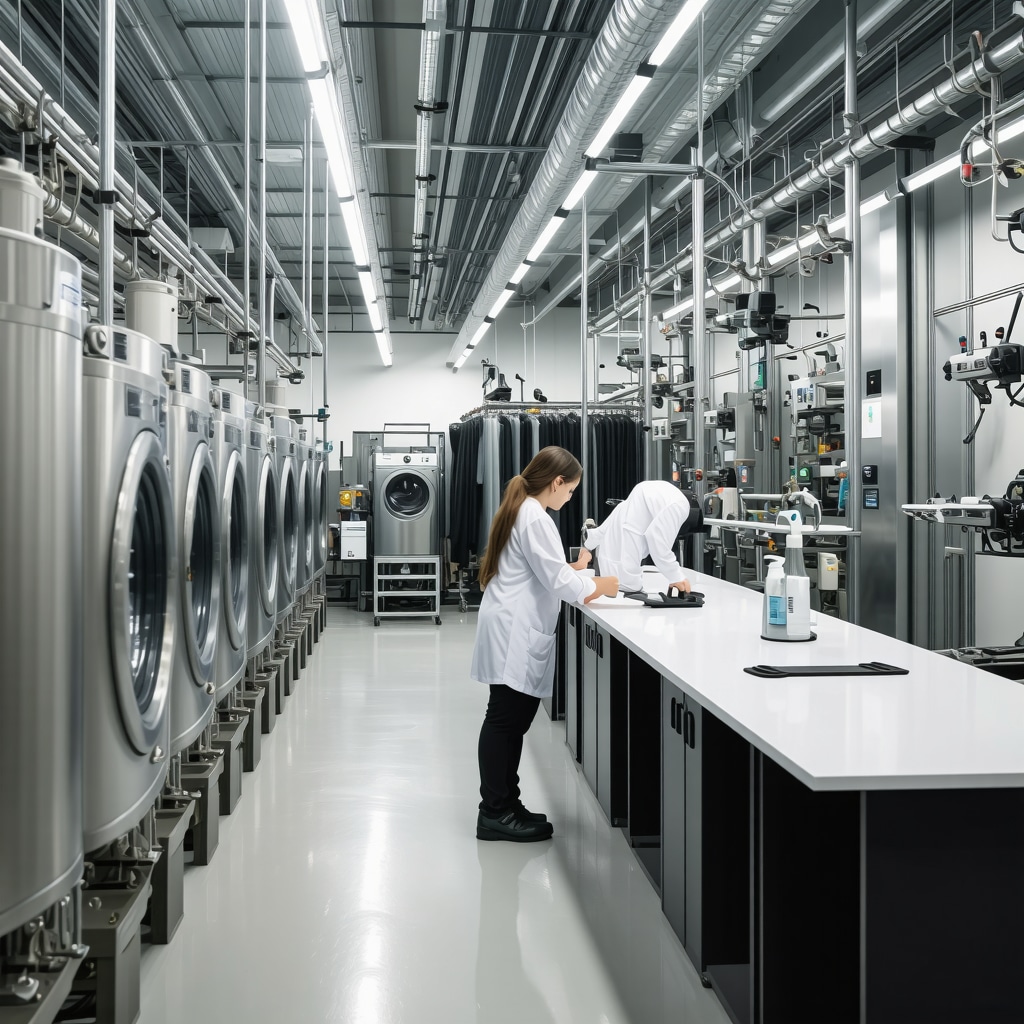 Technicians performing quality control in a chemical-free dry cleaning facility with plant-based solvents and zero-waste recycling systems
