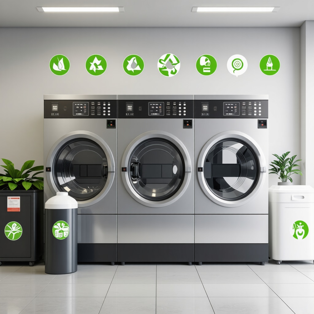 Interior of a state-of-the-art green certified dry cleaning facility with eco-friendly machinery and solvent containers